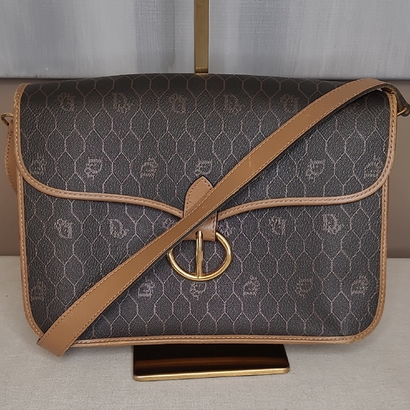 Dior Handbags - Christian Dior Honeycomb Print Black And Tan Crossbody Bag with Gold Dior Accent